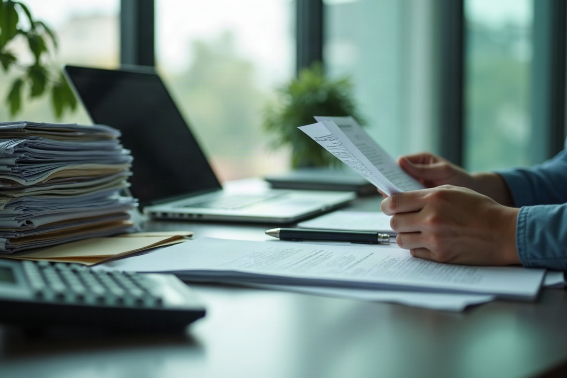 Mesa de trabajo con expedientes y documentos de comercio exterior