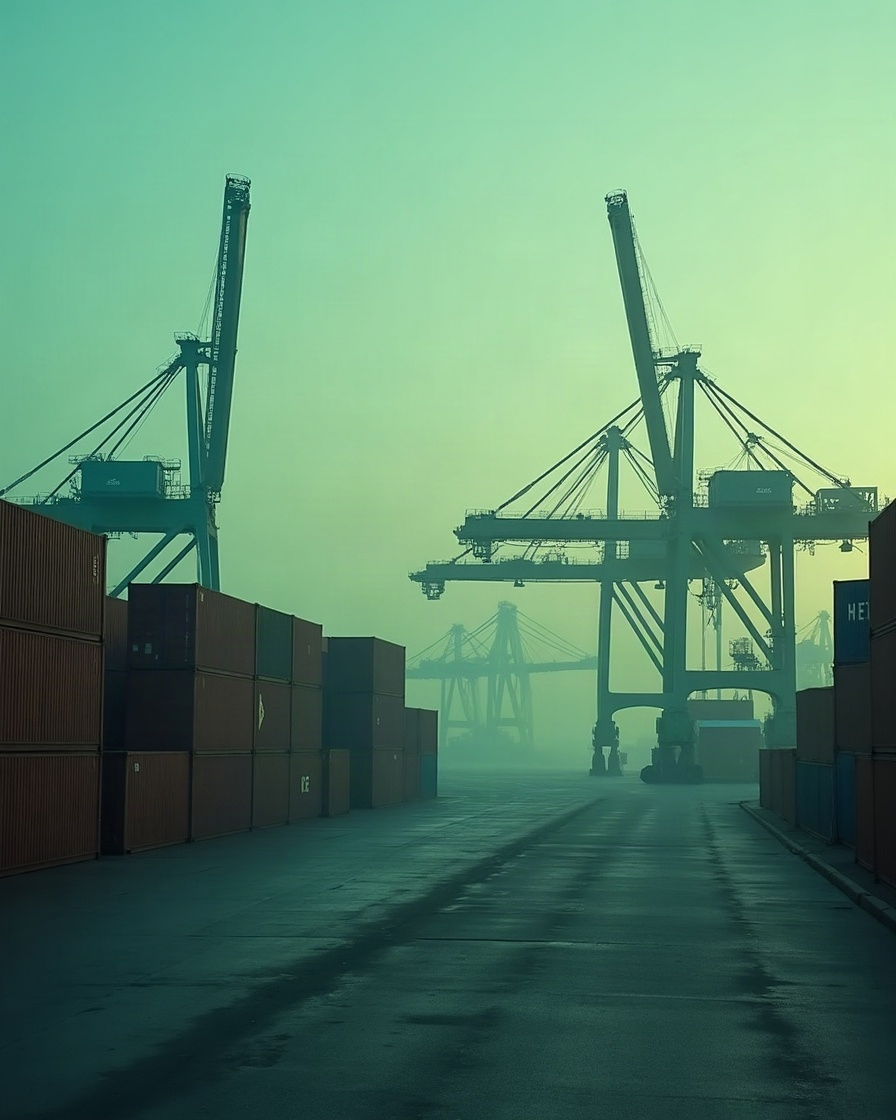 Terminal de contenedores al amanecer con grúas pórtico y contenedores apilados